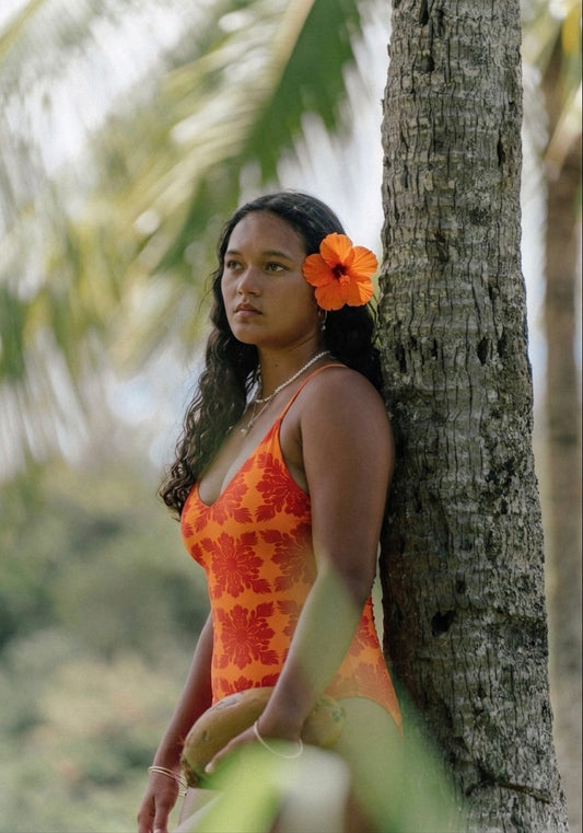 ʻUlu Kapa Kuiki Orange in Olena Swimsuit/Bodysuit