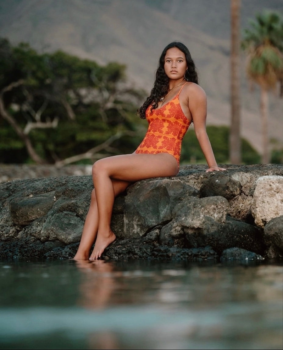ʻUlu Kapa Kuiki Orange in Olena Swimsuit/Bodysuit