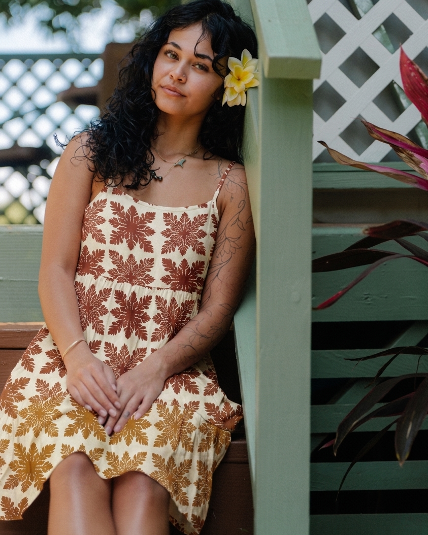 ʻUlu Kapa Kuiki Sunset in Auliʻi Dress